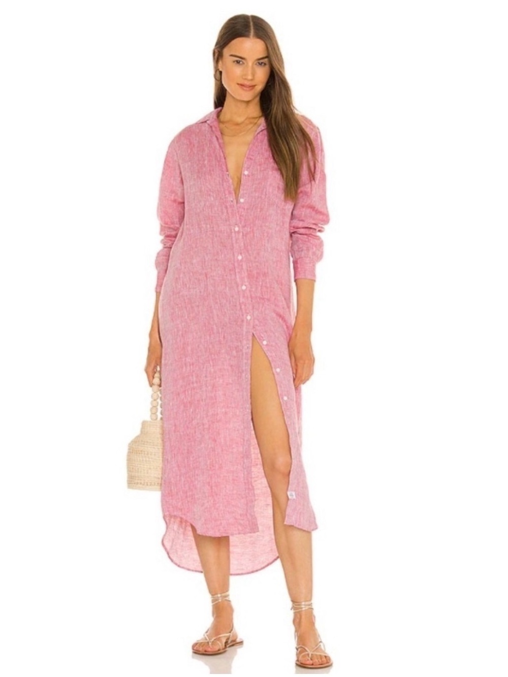 $348 Frank Eileen Rory Maxi Dress Italy Linen Button Front Long Sleeve Lagenlook